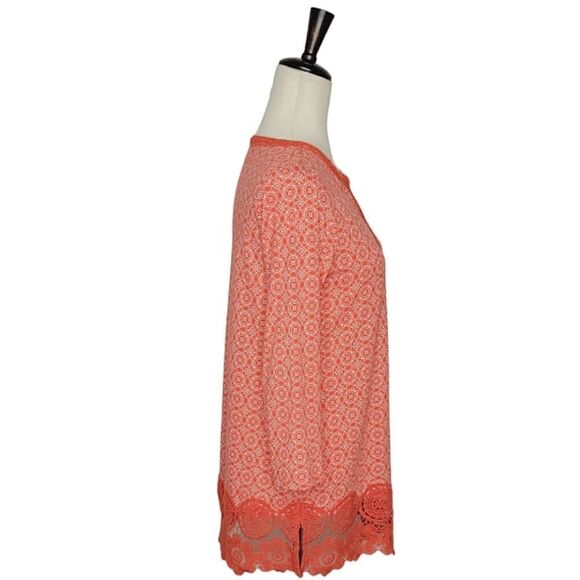 Lands' End Coral Geometric Split Neck Lace Trim 3/4 Sleeve Tunic Top Size XS/P - Picture 3 of 9